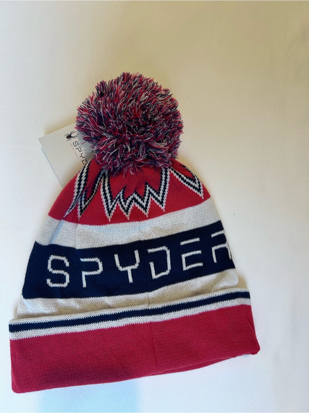 Spyder Kids Red Navy White Pom Knit Beanie
